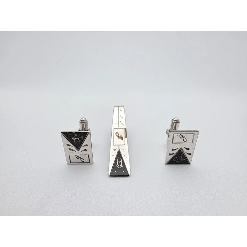 Vintage KREISLER USA Cufflinks‎ Tie Clip/Bar Set 925 Sterling Silver & Black